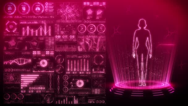 女性の仮想体 ヒトの医療ホログラムアニメーション グラフ インフォグラフィック 医学と医療の概念 ユーザーインターフェイス ハイテク未来ループアニメーション — ストック動画