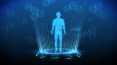 Sanal insan vücudu. İnsan tıbbi hologram animasyonu. Grafik, Diyagram, Infographic. Tıp ve sağlık hizmetleri kavramı. Kullanıcı Arayüzü. Yüksek teknoloji gelecek döngü canlandırması.