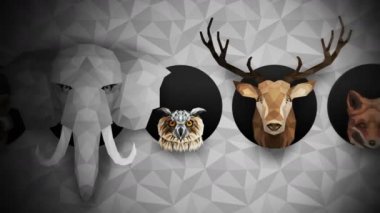 Farklı hayvan koleksiyonu. Hayvanat bahçesi sembolü. Düşük çokgen simgeleri. Aslan, Goril, Zebra, Rakun, Tilki, Fil, Geyik, Baykuş. Geometrik döngü canlandırma kümesi.
