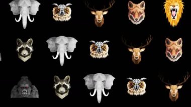Farklı hayvan koleksiyonu. Hayvanat bahçesi sembolü. Düşük çokgen simgeleri. Aslan, Goril, Zebra, Rakun, Tilki, Fil, Geyik, Baykuş. Geometrik döngü canlandırma kümesi.