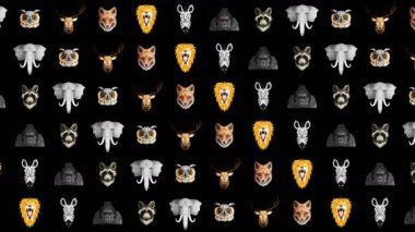 Farklı hayvan koleksiyonu. Hayvanat bahçesi sembolü. Düşük çokgen simgeleri. Aslan, Goril, Zebra, Rakun, Tilki, Fil, Geyik, Baykuş. Geometrik döngü canlandırma kümesi.