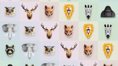 Farklı hayvan koleksiyonu. Hayvanat bahçesi sembolü. Düşük çokgen simgeleri. Aslan, Goril, Zebra, Rakun, Tilki, Fil, Geyik, Baykuş. Geometrik döngü canlandırma kümesi.