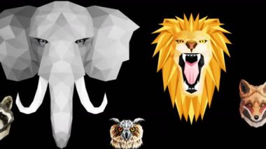 Farklı hayvan koleksiyonu. Hayvanat bahçesi sembolü. Düşük çokgen simgeleri. Aslan, Goril, Zebra, Rakun, Tilki, Fil, Geyik, Baykuş. Geometrik döngü canlandırma kümesi.