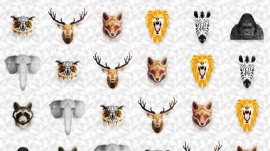Farklı hayvan koleksiyonu. Hayvanat bahçesi sembolü. Düşük çokgen simgeleri. Aslan, Goril, Zebra, Rakun, Tilki, Fil, Geyik, Baykuş. Geometrik döngü canlandırma kümesi.