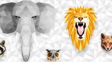 Farklı hayvan koleksiyonu. Hayvanat bahçesi sembolü. Düşük çokgen simgeleri. Aslan, Goril, Zebra, Rakun, Tilki, Fil, Geyik, Baykuş. Geometrik döngü canlandırma kümesi.