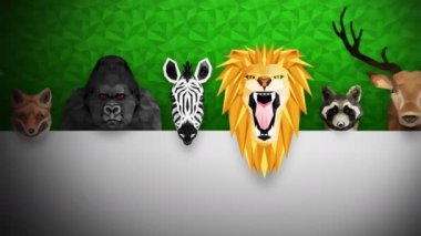 Farklı hayvan koleksiyonu. Hayvanat bahçesi sembolü. Düşük çokgen simgeleri. Aslan, Goril, Zebra, Rakun, Tilki, Fil, Geyik, Baykuş. Geometrik döngü canlandırma kümesi.
