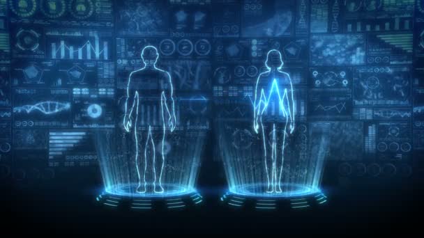男性と女性の仮想体 ヒトの医療ホログラムアニメーション グラフ 情報グラフィック 医学と医療の概念 ハイテク未来ループアニメーション — ストック動画