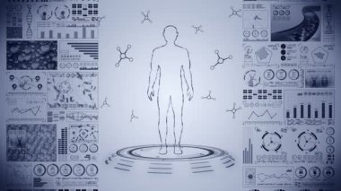 Sanal insan vücudu. İnsan tıbbi hologram animasyonu. Grafik, Diyagram, Infographic. Tıp ve sağlık hizmetleri kavramı. Kullanıcı Arayüzü. Yüksek teknoloji gelecek döngü canlandırması.