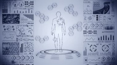 Sanal insan vücudu. İnsan tıbbi hologram animasyonu. Grafik, Diyagram, Infographic. Tıp ve sağlık hizmetleri kavramı. Kullanıcı Arayüzü. Yüksek teknoloji gelecek döngü canlandırması.
