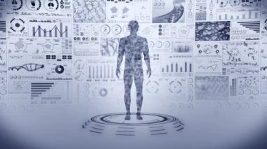 Sanal insan vücudu. İnsan tıbbi hologram animasyonu. Grafik, Diyagram, Infographic. Tıp ve sağlık hizmetleri kavramı. Kullanıcı Arayüzü. Yüksek teknoloji gelecek döngü canlandırması.