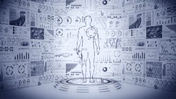 仮想体だ ヒトの医療ホログラムアニメーション グラフ インフォグラフィック 医学と医療の概念 ユーザーインターフェイス ハイテク未来ループアニメーション — ストック動画