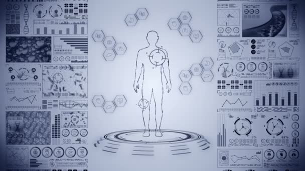 仮想体だ ヒトの医療ホログラムアニメーション グラフ インフォグラフィック 医学と医療の概念 ユーザーインターフェイス ハイテク未来ループアニメーション — ストック動画
