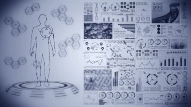 Sanal insan vücudu. İnsan tıbbi hologram animasyonu. Grafik, Diyagram, Infographic. Tıp ve sağlık hizmetleri kavramı. Kullanıcı Arayüzü. Yüksek teknoloji gelecek döngü canlandırması.
