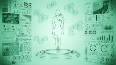 Kadın sanal vücudu. İnsan tıbbi hologram animasyonu. Grafik, Diyagram, Infographic. Tıp ve sağlık hizmetleri kavramı. Kullanıcı Arayüzü. Yüksek teknoloji gelecek döngü canlandırması.
