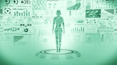 Kadın sanal vücudu. İnsan tıbbi hologram animasyonu. Grafik, Diyagram, Infographic. Tıp ve sağlık hizmetleri kavramı. Kullanıcı Arayüzü. Yüksek teknoloji gelecek döngü canlandırması.