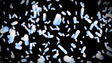 Siyah arka planda bir sürü tıbbi kapsül uçurmak. Tıp ve eczacılık konsepti. Mavi hap kapsülünün 3 boyutlu animasyonu dönüyor. Döngü canlandırması.