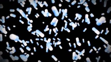 Siyah arka planda bir sürü tıbbi kapsül uçurmak. Tıp ve eczacılık konsepti. Mavi hap kapsülünün 3 boyutlu animasyonu dönüyor. Döngü canlandırması.