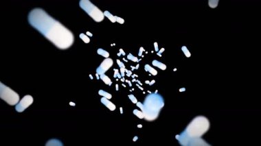 Siyah arka planda bir sürü tıbbi kapsül uçurmak. Tıp ve eczacılık konsepti. Mavi hap kapsülünün 3 boyutlu animasyonu dönüyor. Döngü canlandırması.