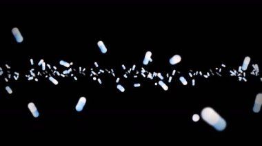 Siyah arka planda bir sürü tıbbi kapsül uçurmak. Tıp ve eczacılık konsepti. Mavi hap kapsülünün 3 boyutlu animasyonu dönüyor. Döngü canlandırması.