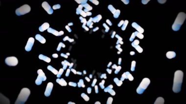 Siyah arka planda bir sürü tıbbi kapsül uçurmak. Tıp ve eczacılık konsepti. Mavi hap kapsülünün 3 boyutlu animasyonu dönüyor. Döngü canlandırması.