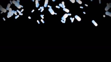 Siyah arka planda bir sürü tıbbi kapsül uçurmak. Tıp ve eczacılık konsepti. Mavi hap kapsülünün 3 boyutlu animasyonu dönüyor. Döngü canlandırması.