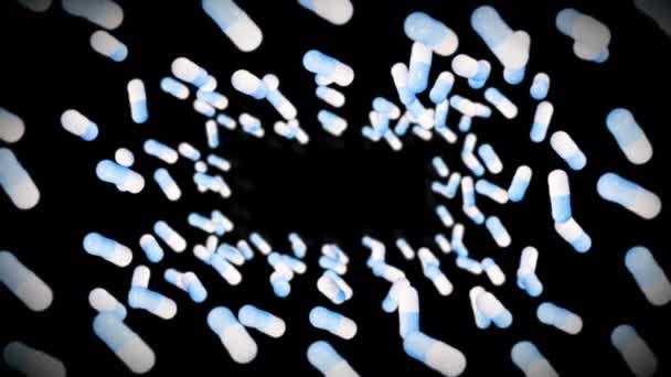 Latające Wiele Kapsułek Medycznych Czarnym Tle Medycyna Koncepcja Farmaceutyczna Animacja — Wideo stockowe