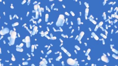 Mavi arka planda bir sürü tıbbi kapsül uçuruyor. Tıp ve eczacılık konsepti. Dönen beyaz hap kapsülünün 3 boyutlu animasyonu. Döngü canlandırması.