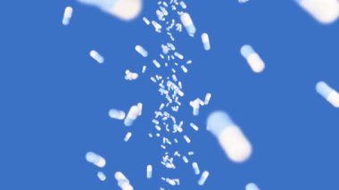 Mavi arka planda bir sürü tıbbi kapsül uçuruyor. Tıp ve eczacılık konsepti. Dönen beyaz hap kapsülünün 3 boyutlu animasyonu. Döngü canlandırması.