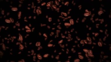 Siyah arka planda kahve çekirdekleri uçurmak. Kafein içeceği, kahvaltı, Aroma. Üç boyutlu kavrulmuş kahve çekirdeği animasyonu. Döngü canlandırması.