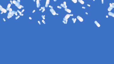 Mavi arka planda bir sürü tıbbi kapsül uçuruyor. Tıp ve eczacılık konsepti. Dönen beyaz hap kapsülünün 3 boyutlu animasyonu. Döngü canlandırması.