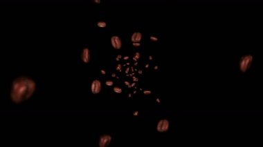 Siyah arka planda kahve çekirdekleri uçurmak. Kafein içeceği, kahvaltı, Aroma. Üç boyutlu kavrulmuş kahve çekirdeği animasyonu. Döngü canlandırması.