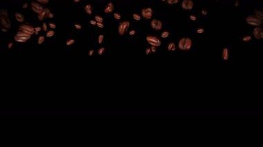Siyah arka planda kahve çekirdekleri uçurmak. Kafein içeceği, kahvaltı, Aroma. Üç boyutlu kavrulmuş kahve çekirdeği animasyonu. Döngü canlandırması.