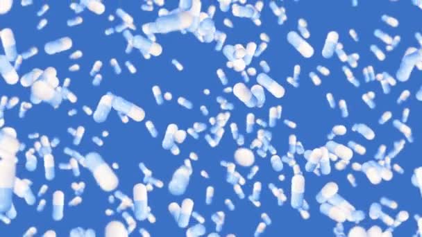 在蓝色背景下飞行许多医疗胶囊 药物和药物概念 白色药丸胶囊旋转3D动画 循环动画 — 图库视频影像