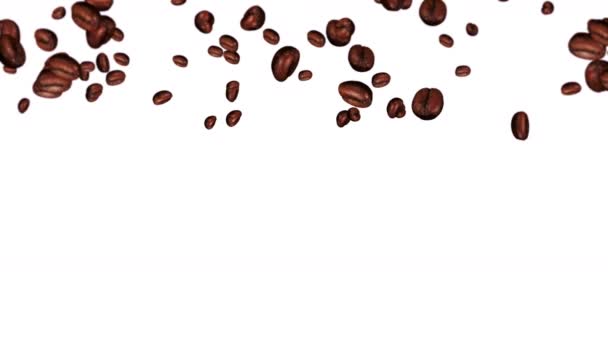 白い背景に多くのコーヒー豆を飛んでいます カフェインドリンク アロマ 焙煎コーヒー豆の3Dアニメーションが回転します ループアニメーション — ストック動画