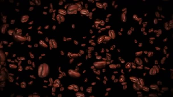 Vliegen Veel Koffiebonen Zwarte Achtergrond Cafeïnedrank Ontbijt Aroma Animatie Van — Stockvideo