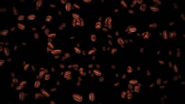 黒を背景にコーヒー豆がたくさん飛んでいます カフェインドリンク アロマ 焙煎コーヒー豆の3Dアニメーションが回転します ループアニメーション — ストック動画