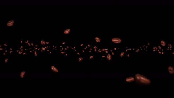 黒を背景にコーヒー豆がたくさん飛んでいます カフェインドリンク アロマ 焙煎コーヒー豆の3Dアニメーションが回転します ループアニメーション — ストック動画