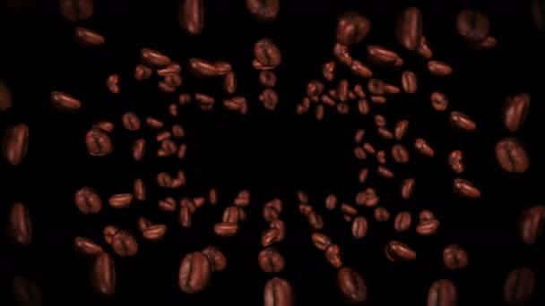 Vliegen Veel Koffiebonen Zwarte Achtergrond Cafeïnedrank Ontbijt Aroma Animatie Van — Stockvideo