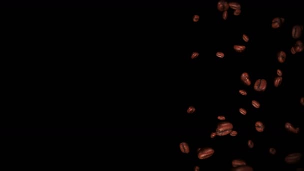 Vliegen Veel Koffiebonen Zwarte Achtergrond Cafeïnedrank Ontbijt Aroma Animatie Van — Stockvideo
