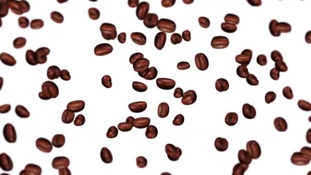 Viele Kaffeebohnen Fliegen Auf Weißem Hintergrund Koffeingetränk Frühstück Aroma Animation — Stockvideo