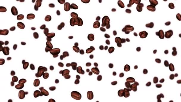 在白色的背景上飞着许多咖啡豆 咖啡因饮料 烤咖啡豆旋转的3D动画 循环动画 — 图库视频影像