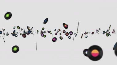 Beyaz arka planda bir sürü plakla uçuyor. Eski teknoloji. Retro tasarım. Dönüşümlü müzik kaydının 3 boyutlu animasyonu. Döngü canlandırması.