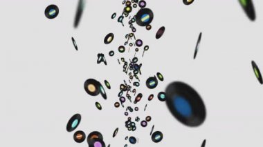 Beyaz arka planda bir sürü plakla uçuyor. Eski teknoloji. Retro tasarım. Dönüşümlü müzik kaydının 3 boyutlu animasyonu. Döngü canlandırması.