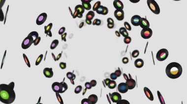 Beyaz arka planda bir sürü plakla uçuyor. Eski teknoloji. Retro tasarım. Dönüşümlü müzik kaydının 3 boyutlu animasyonu. Döngü canlandırması.