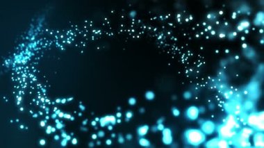 Hareketli parçacıkların olduğu mavi dijital dalga. Fotokopi alanı olan soyut güzellikteki Bokeh ışıkları. Teknoloji dijital dalga konsepti. Döngü canlandırması.