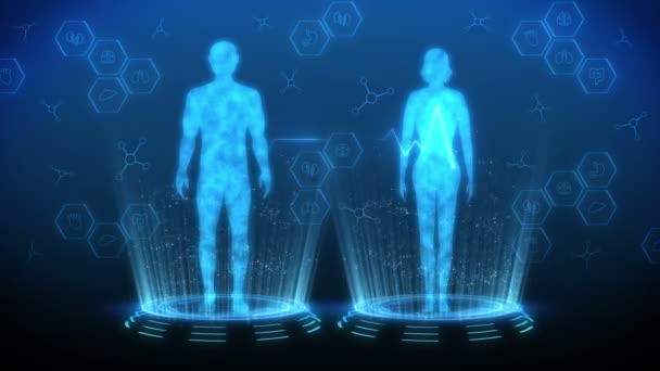 Man Och Kvinna Virtuell Kropp Människans Medicinska Hologramanimation Digital Infografik — Stockvideo
