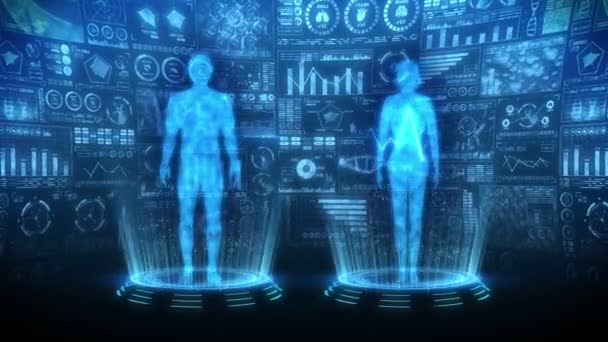 Man Woman Virtual Body Human Medical Hologram Animation Graph Diagram — Stock Video