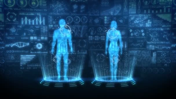 男性と女性の仮想体 ヒトの医療ホログラムアニメーション グラフ 情報グラフィック 医学と医療の概念 ハイテク未来ループアニメーション — ストック動画