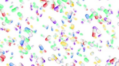 Beyaz arka planda bir sürü tıbbi kapsül uçuruyor. Tıp ve eczacılık konsepti. Değişen renkli hap kapsülünün 3 boyutlu animasyonu. Döngü canlandırması.