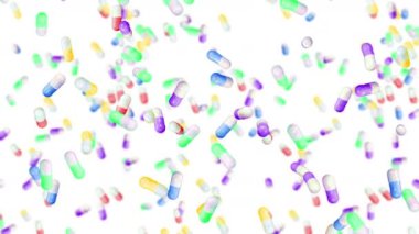 Beyaz arka planda bir sürü tıbbi kapsül uçuruyor. Tıp ve eczacılık konsepti. Değişen renkli hap kapsülünün 3 boyutlu animasyonu. Döngü canlandırması.